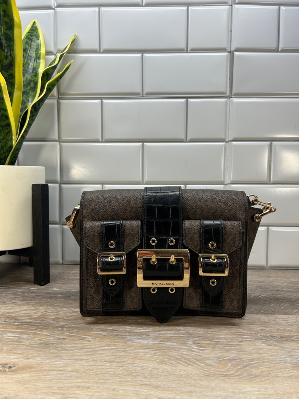 Michael Kors Brown Logo Crossbody with Black Croc-Trim & Gold Hardware